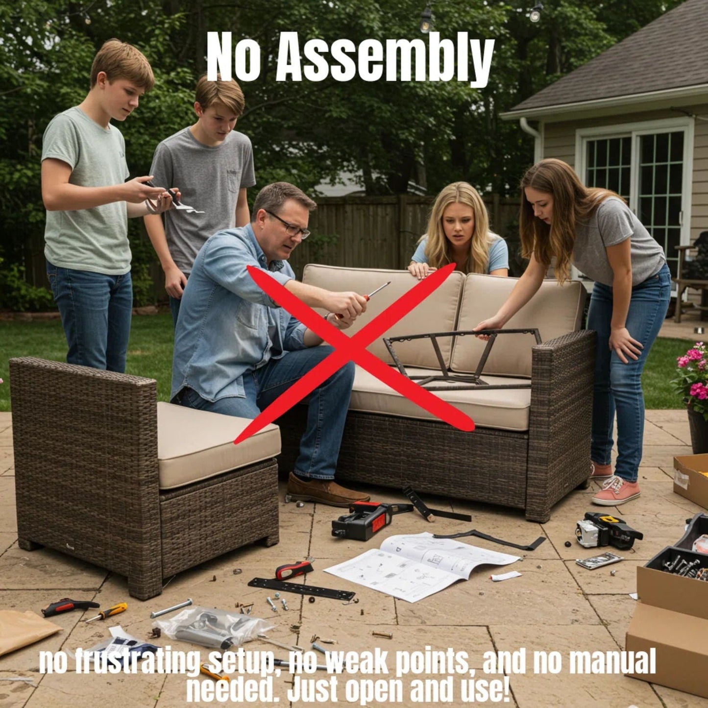 Wicker Outdoor Lounge Set With Cushions And Fire Pit