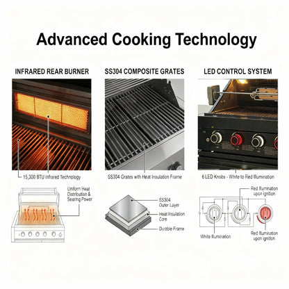 46-Inch 75300 BTU 6-Burners Deluxe Stainless Steel Gas Outdoor Kitchen Barbecue Grill