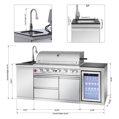 Outdoor Kitchen Island 82.5 Inch 6-Burner Propane Gas BBQ Grill