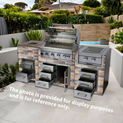 Built-In Outdoor Kitchen LPG Gas Grill 60000 Btu, Drop-In Ice Box With BBQ Tool Set - Silver