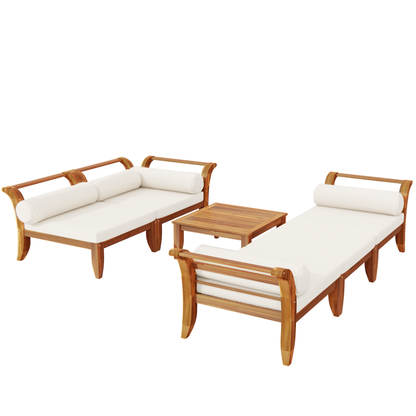 6 Piece Acacia Wood Outdoor Modular Sectional with Daybed and Tea Table