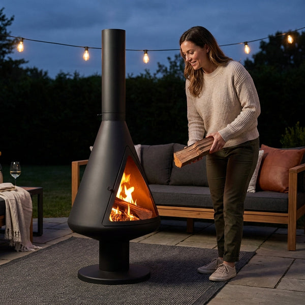 Chiminea Fire Pit Designed for Outdoor Entertaining, High-Draft Steel Construction, Ceramic Coating, Elevated Base