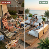 Modular Patio Lounge Set Built to Last Decades, Premium Teak Slats, Weather-Resistant Cushions, Corner Units — Before & After