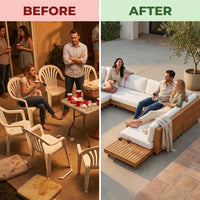 Modular Patio Lounge Set Built to Last Decades, Premium Teak Slats, Weather-Resistant Cushions, Corner Units — Before & After