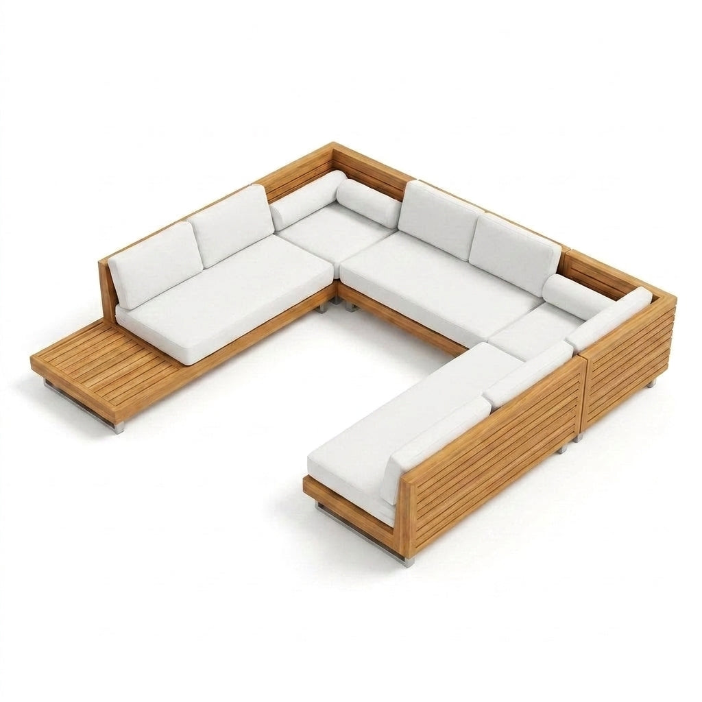 Modular Patio Lounge Set Built to Last Decades, Premium Teak Slats, Weather-Resistant Cushions, Corner Units — Studio Shot