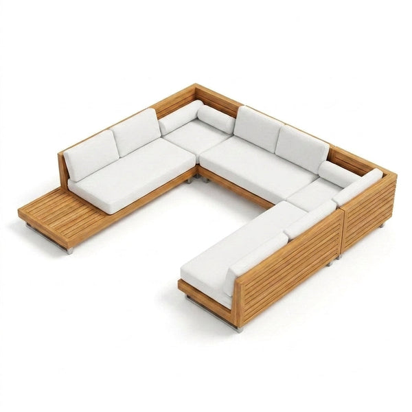 Modular Patio Lounge Set Built to Last Decades, Premium Teak Slats, Weather-Resistant Cushions, Corner Units — Studio Shot