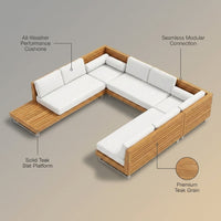 Modular Patio Lounge Set Built to Last Decades, Premium Teak Slats, Weather-Resistant Cushions, Corner Units — infographic