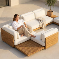 Modular Patio Lounge Set Built to Last Decades, Premium Teak Slats, Weather-Resistant Cushions, Corner Units — Lifestyle