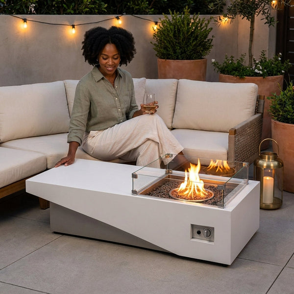 Linear Gas Fire Pit Built to Elevate Outdoor Spaces, Powder-Coated Aluminum, Stainless Steel Burner, Tempered Glass