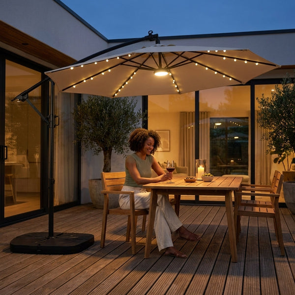 Cantilever Umbrella Built to Last, Solar LED Lighting, Aluminum Frame, Premium Outdoor Textiles