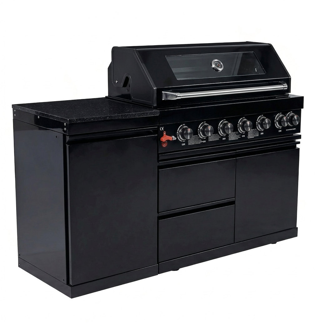Black 6-Burner 85000 BTU Deluxe Stainless Steel Propane Gas Outdoor Kitchen Barbecue Island Grill with Marble