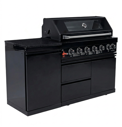 Black 6-Burner 85000 BTU Deluxe Stainless Steel Propane Gas Outdoor Kitchen Barbecue Island Grill with Marble