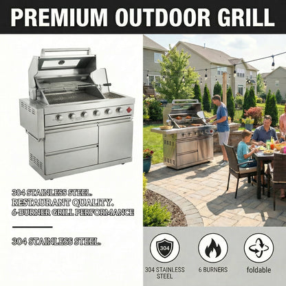 75300 BTU 6 Burners Deluxe Stainless Steel Gas Outdoor Kitchen Barbecue Island Grill