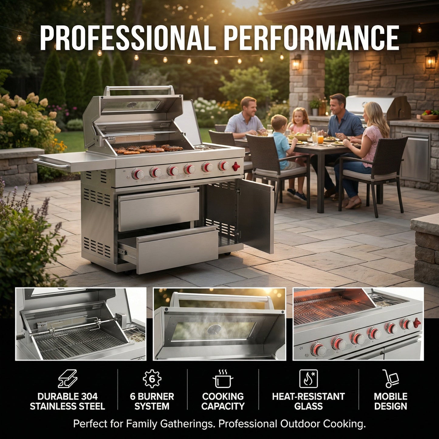 75300 BTU 6 Burners Deluxe Stainless Steel Gas Outdoor Kitchen Barbecue Island Grill