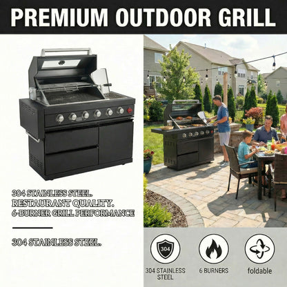 46-Inch 75300 BTU 6-Burners Deluxe Stainless Steel Gas Outdoor Kitchen Barbecue Grill