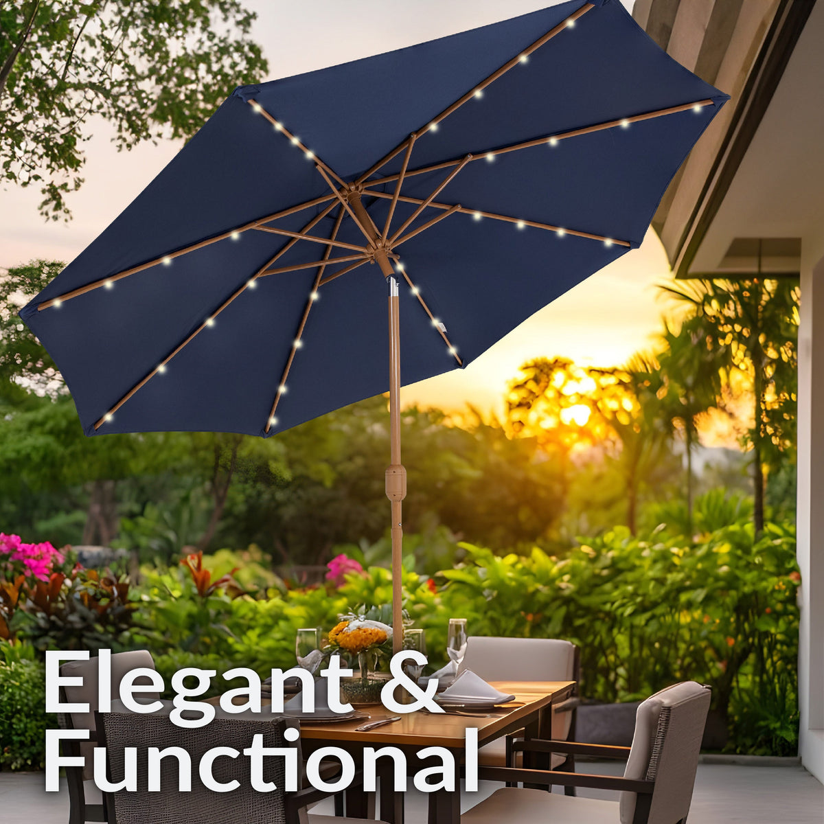 Sunnydaze 8.5 ft Solar Patio Umbrella with Faux Woodgrain Finish