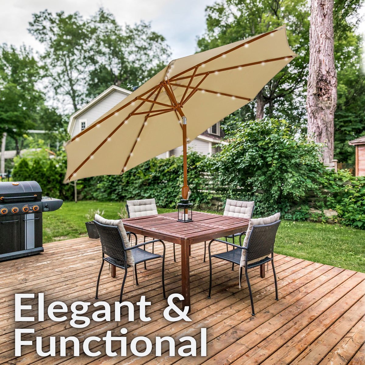 Sunnydaze 8.5 ft Solar Patio Umbrella with Faux Woodgrain Finish