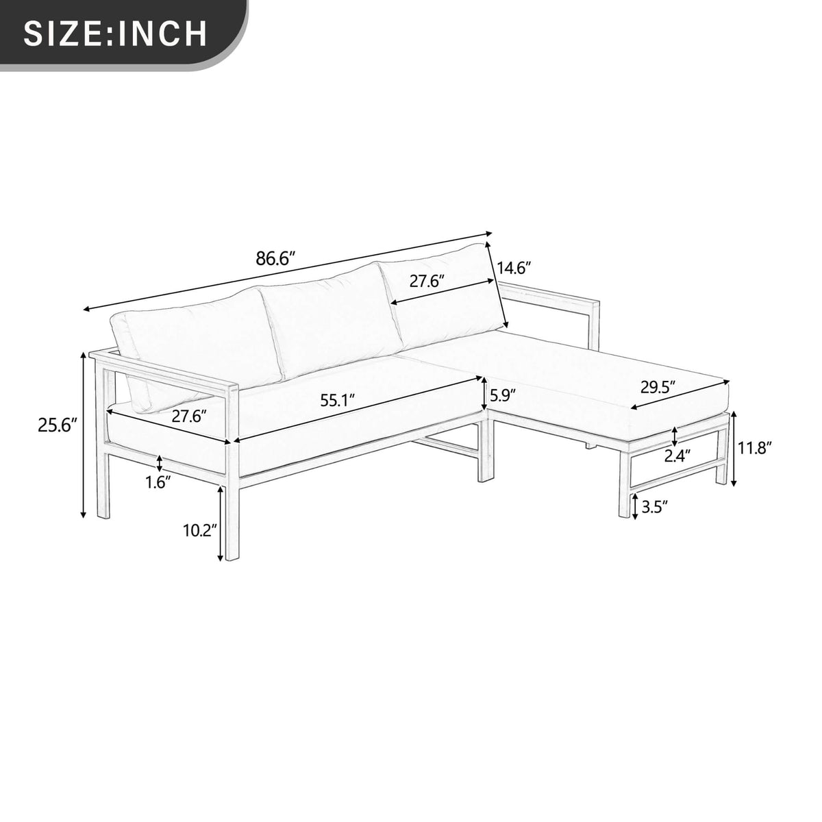 Outdoor 3-Person L-Shaped Patio Sofa With Iron Frame And Thick Cushions [No Coffee Table] (SAK70213)