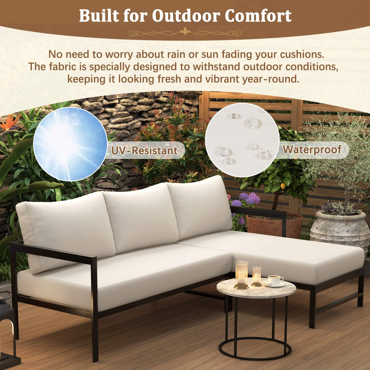 Outdoor 3-Person L-Shaped Patio Sofa With Iron Frame And Thick Cushions [No Coffee Table] (SAK70213)