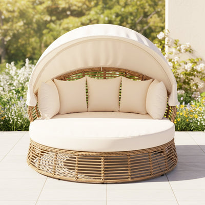 53-Inch Outdoor Patio Rattan Round Wicker Daybed With Retractable Canopy (SAK69241)