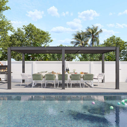Premium Gray Outdoor Metal Pergola With Louvered Roof And Drainage System (SAK76143)