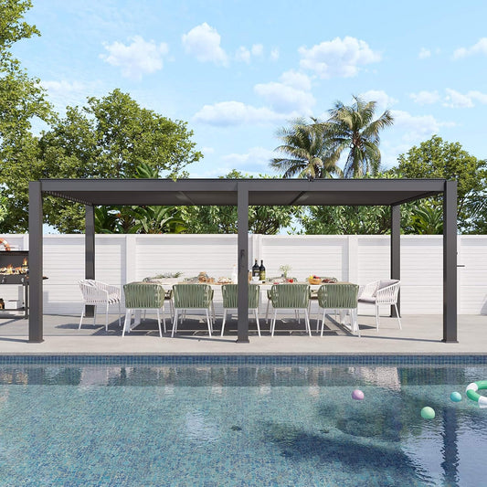 Premium Gray Outdoor Metal Pergola With Louvered Roof And Drainage System (SAK76143)